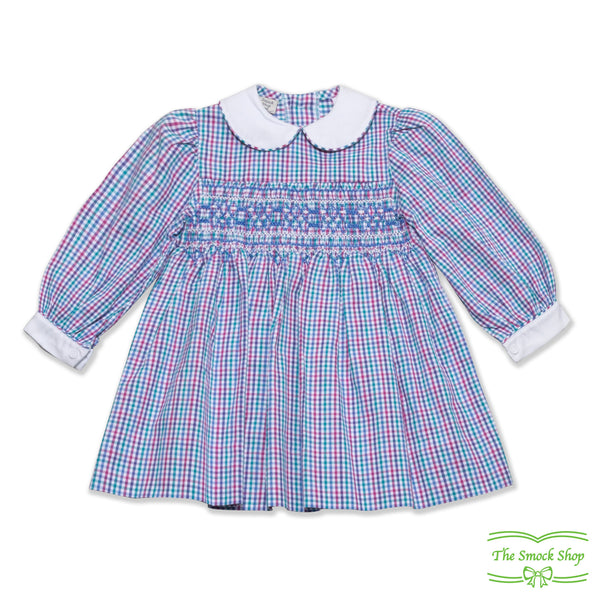 Multi-Colour Check Geometric Smocking Long Sleeve Dress – Smock Shop