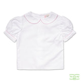 Short Sleeve Girl's Back Button White Blouse with Rick Rack on Collar