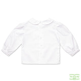 Long Sleeve Girl's Back Button White Blouse with Rick Rack on Collar