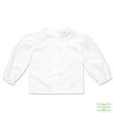 Long Sleeve Girl's Back Button White Blouse with Rick Rack on Collar