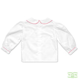 Long Sleeve Girl's Back Button White Blouse with Rick Rack on Collar