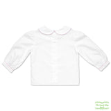 Long Sleeve Girl's Back Button White Blouse with Rick Rack on Collar