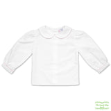 Long Sleeve Girl's Back Button White Blouse with Rick Rack on Collar