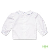 Long Sleeve Girl's Back Button White Blouse with Rick Rack on Collar