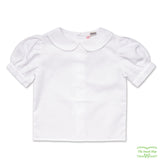 Short Sleeve Girl's Back Button White Blouse with Rick Rack on Collar