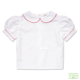 Short Sleeve Girl's Back Button White Blouse with Rick Rack on Collar