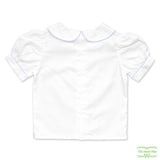 Short Sleeve Girl's Back Button White Blouse with Rick Rack on Collar