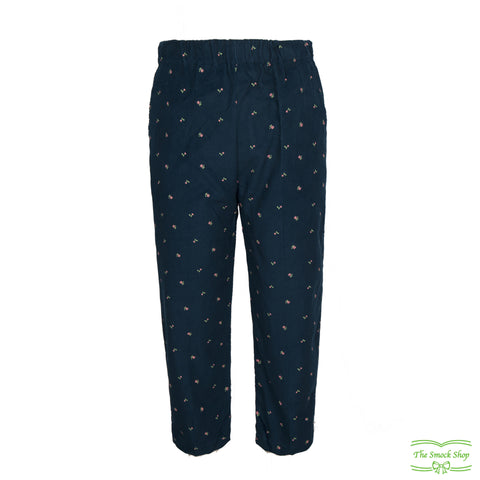 Navy Medium Weight Corduroy Rose Print Pull On Pants with Side Pockets