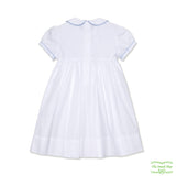 White Pique Blue Geometric Smocking with Rose Bud Short Sleeve Dress