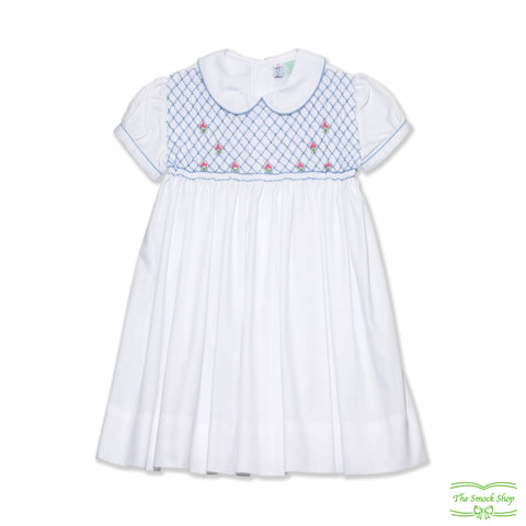 White Pique Blue Geometric Smocking with Rose Bud Short Sleeve Dress