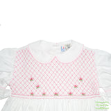 White Pique Pink Geometric Smocking with Rose Bud Short Sleeve Dress