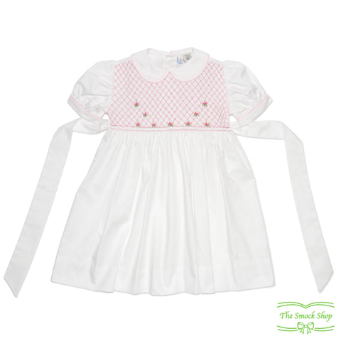 White Pique Pink Geometric Smocking with Rose Bud Short Sleeve Dress