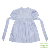 Blue Poplin White Geometric Smocking with Pink Rose Bud Short Sleeve Dress