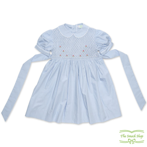 Blue Poplin White Geometric Smocking with Pink Rose Bud Short Sleeve Dress