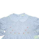 Blue Poplin White Geometric Smocking with Pink Rose Bud Short Sleeve Dress