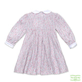 Pink and Cream Floral Flannel Geometric Smocking Long Sleeve Dress