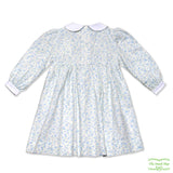 Cream and Pale Blue Floral Flannel Geometric Smocking Long Sleeve Dress