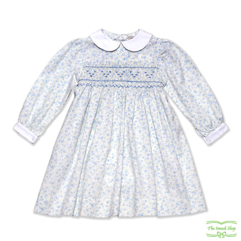 Cream and Pale Blue Floral Flannel Geometric Smocking Long Sleeve Dress