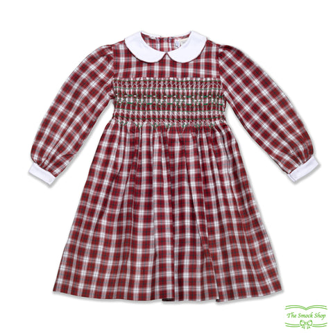 Brown and White Tartan Geometric Smocking Long Sleeve Dress