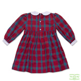 Red Blue Tartan Geometric Smocking Long Sleeve Dress