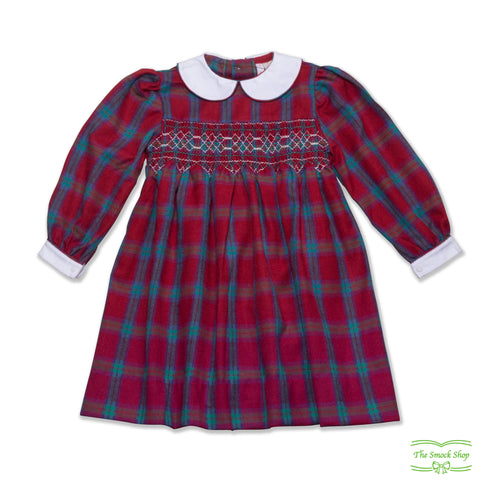 Red Blue Tartan Geometric Smocking Long Sleeve Dress