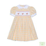 Yellow Plaid Flower Pot Smocking Short Sleeves Dress