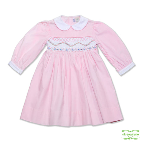 Pink Corduroy Rose Bud Smocking Long Sleeve Dress