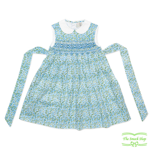 Blue & Green Floral Geometric Smocking Sleeveless Dress