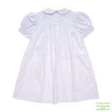 Plain White Cotton Three Pink Bows Smocking Short Sleeve Dress