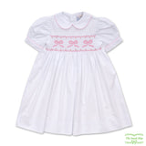 Plain White Cotton Three Pink Bows Smocking Short Sleeve Dress