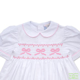 Plain White Cotton Three Pink Bows Smocking Short Sleeve Dress