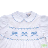 Plain White Cotton Three Blue Bows Smocking Short Sleeve Dress