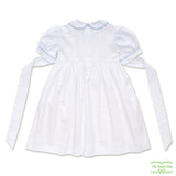 Plain White Cotton Three Blue Bows Smocking Short Sleeve Dress