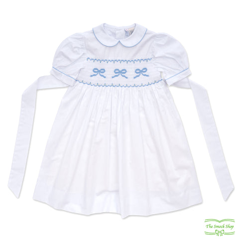 Plain White Cotton Three Blue Bows Smocking Short Sleeve Dress