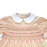 Yellow Floral French Knot & Geometric Smocking Short Sleeve Dress