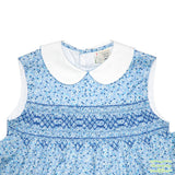 Blue Floral Geometric Smocking Sleeveless Dress