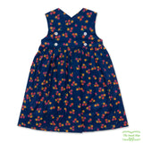 Red & Yellow  Flowers Print On Navy Geometric Smocking Sleeveless V Back Dress