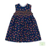 Red & Yellow  Flowers Print On Navy Geometric Smocking Sleeveless V Back Dress