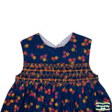 Red & Yellow  Flowers Print On Navy Geometric Smocking Sleeveless V Back Dress