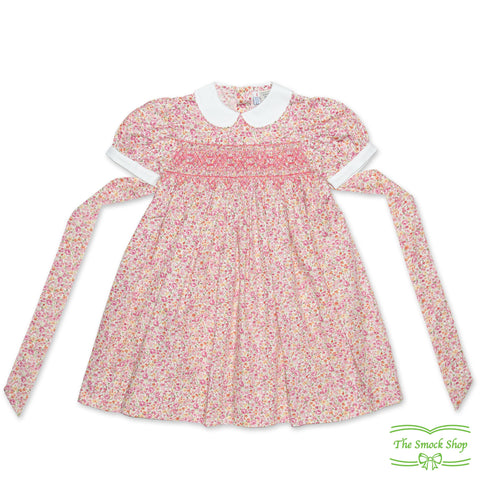 Pink Floral Geometric Smocking Short Sleeve Dress