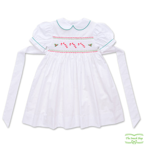 Plain White Cotton Candy Cane Smocking Short Sleeve Dress