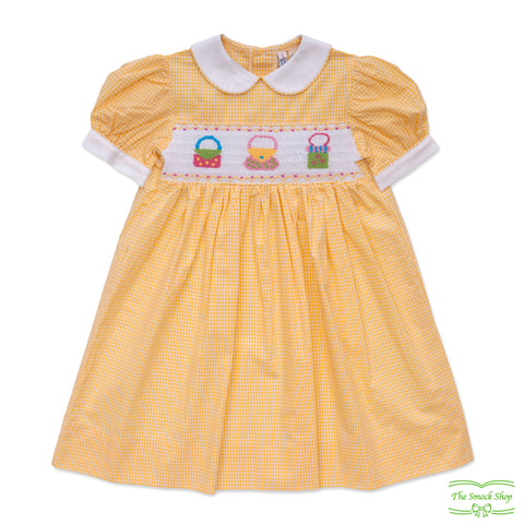 Yellow Check Handbags Smocking Short Sleeve Dress