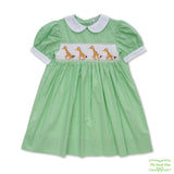 Green Check Giraffe Smocking Short Sleeve Dress