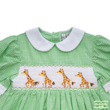 Green Check Giraffe Smocking Short Sleeve Dress