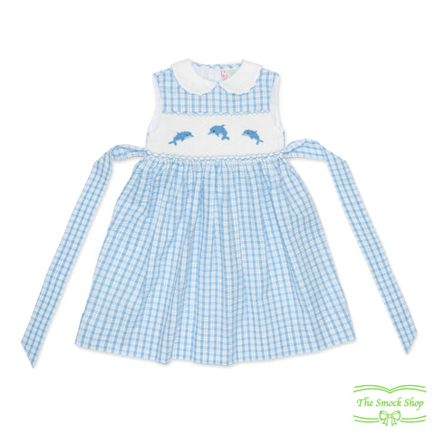 Blue Check Seersucker Dolphin Smocking Sleeveless Dress