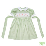 Green Check Pink Flowers Smocking Short Sleeve Dress