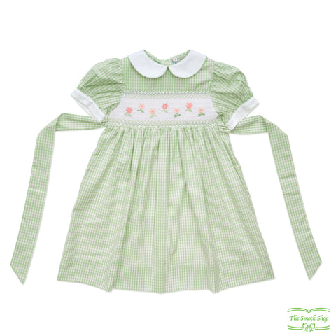 Green Check Pink Flowers Smocking Short Sleeve Dress