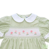 Green Check Pink Flowers Smocking Short Sleeve Dress