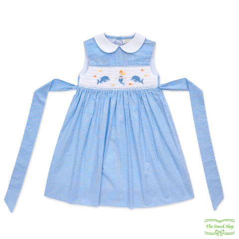 Blue Check Mermaid & Dolphin Smocking Sleeveless Dress