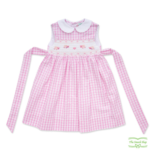 Pink Check Seersucker Sheep Smocking Sleeveless Dress